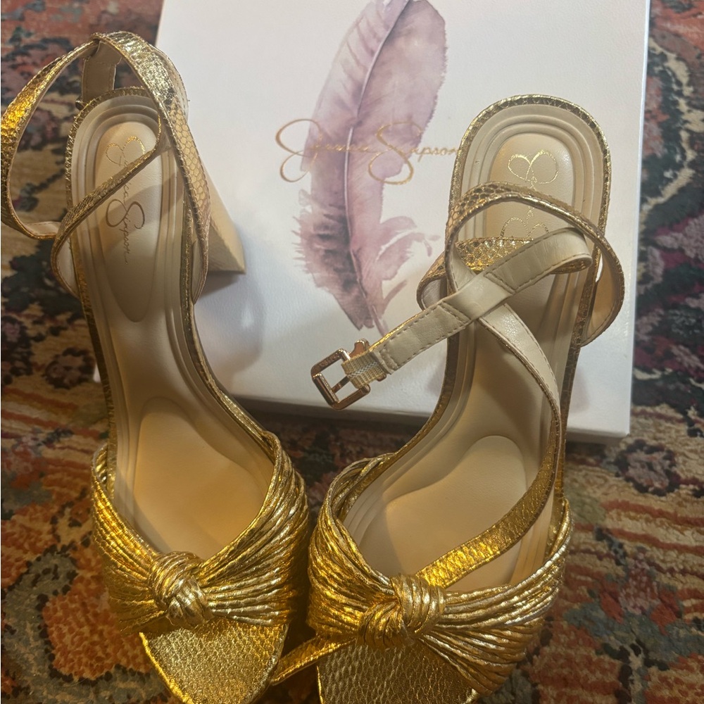 Jessica Simpson Metallic Gold Knot-Front Heeled Sandals - Picture 4 of 9